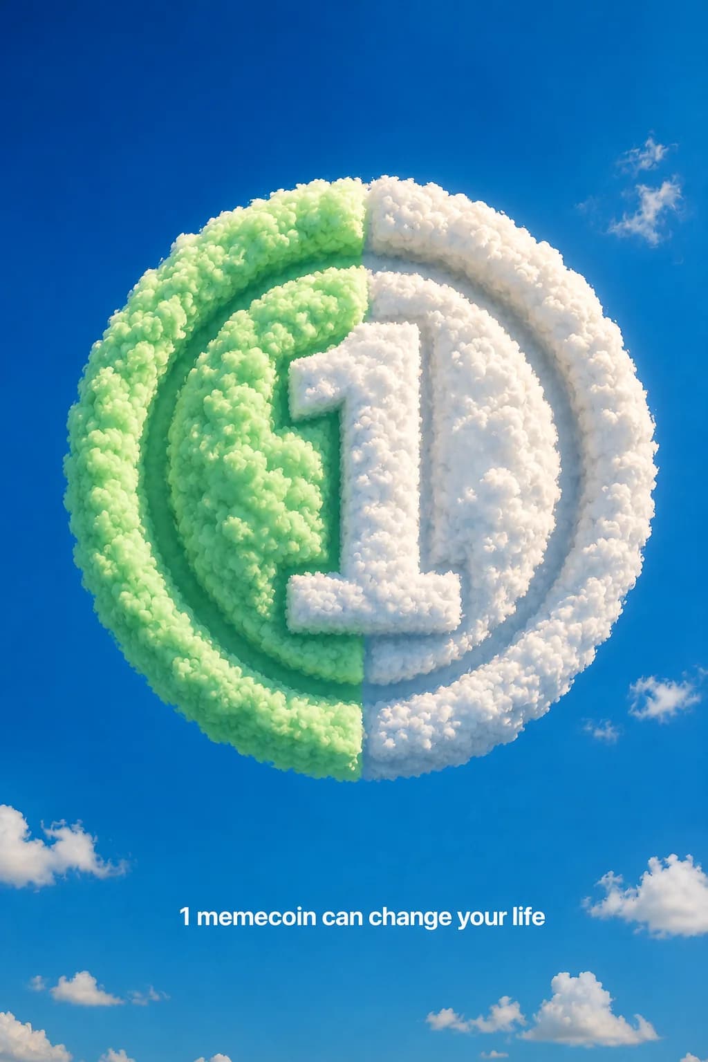 The 1 Memecoin coin logo formed from green and white clouds against a blue sky, captioned "1 memecoin can change your life"